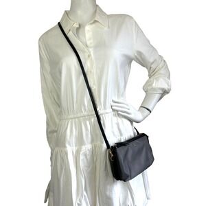 SAZABY Nylon Handbag Clutch Removable Leather Crossbody Strap Gold Zip Gray S